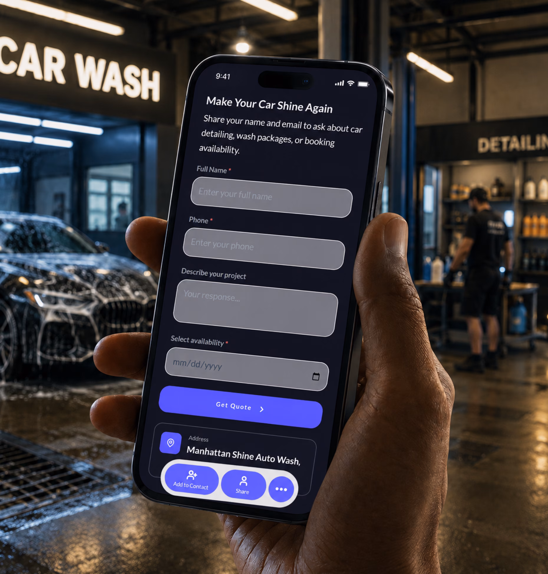 Lead capture form preview for car wash