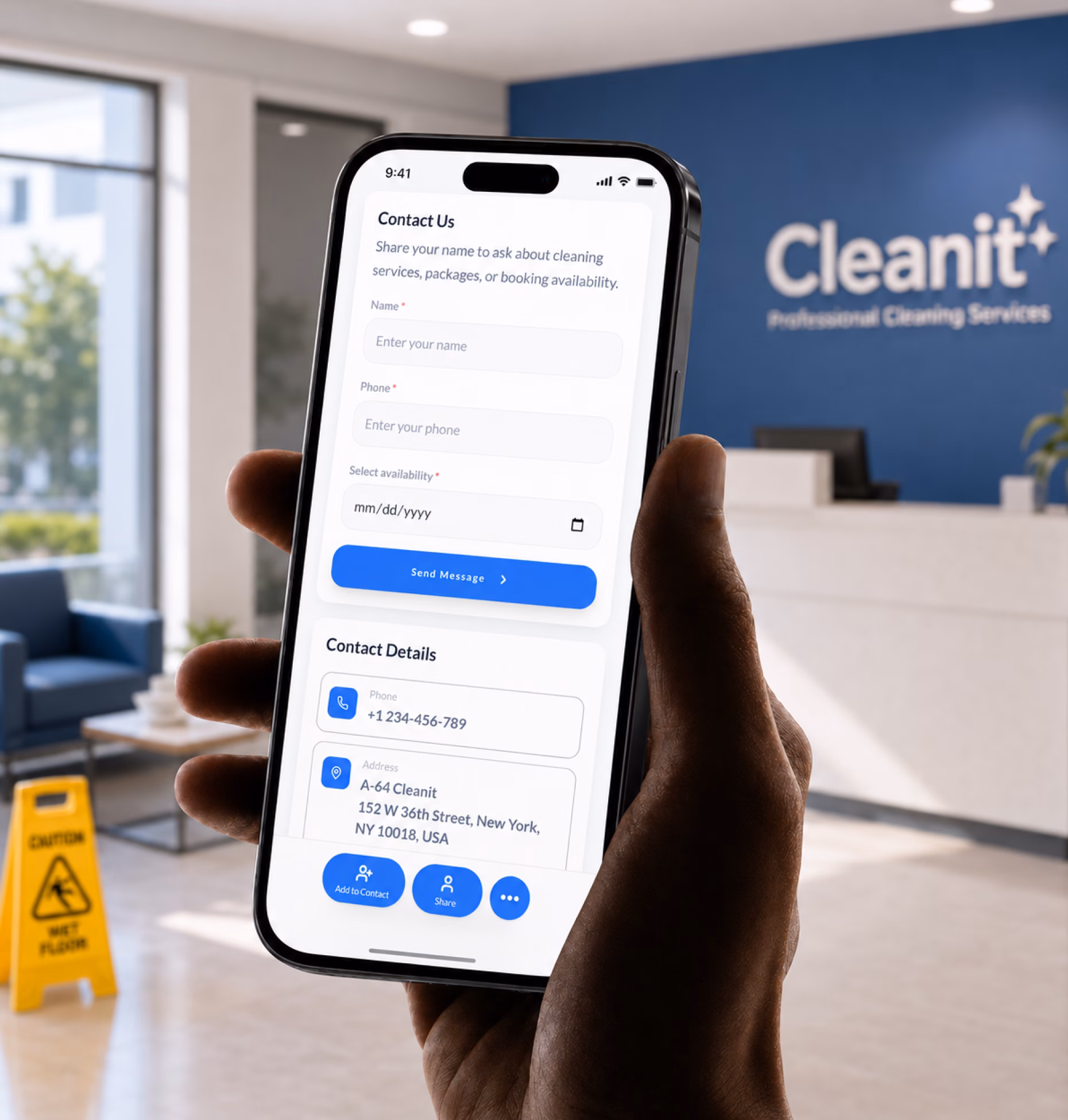 Cleaning service digital profile on a smartphone with key business details.