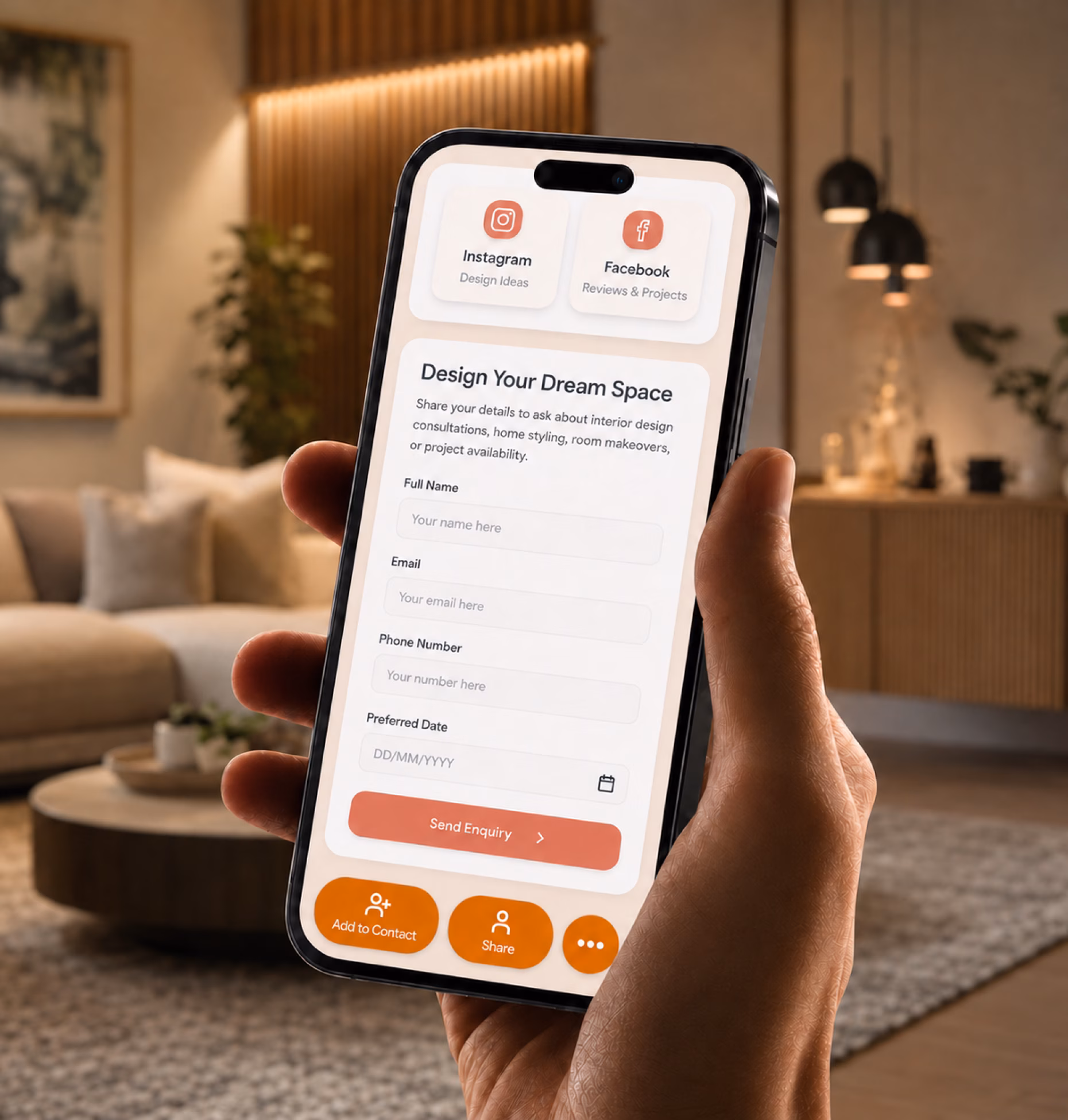 Lead capture form preview for interior designers