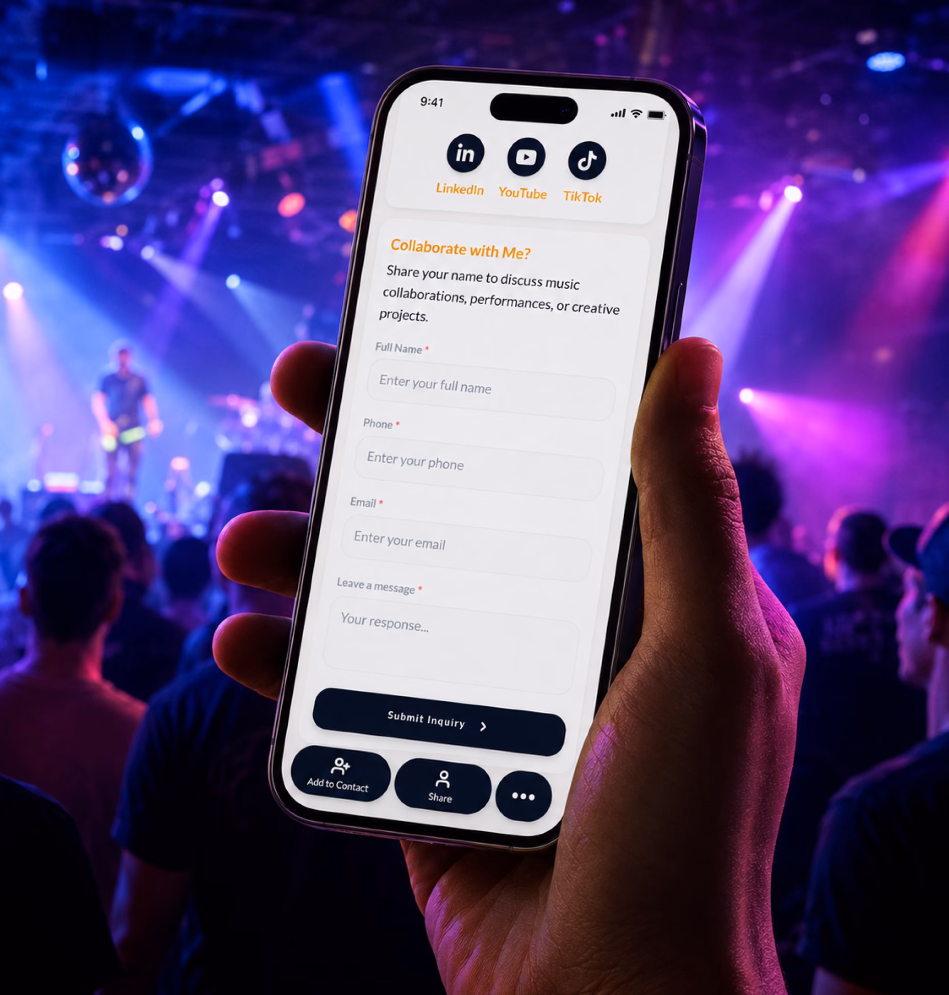 Lead capture form preview for musicians