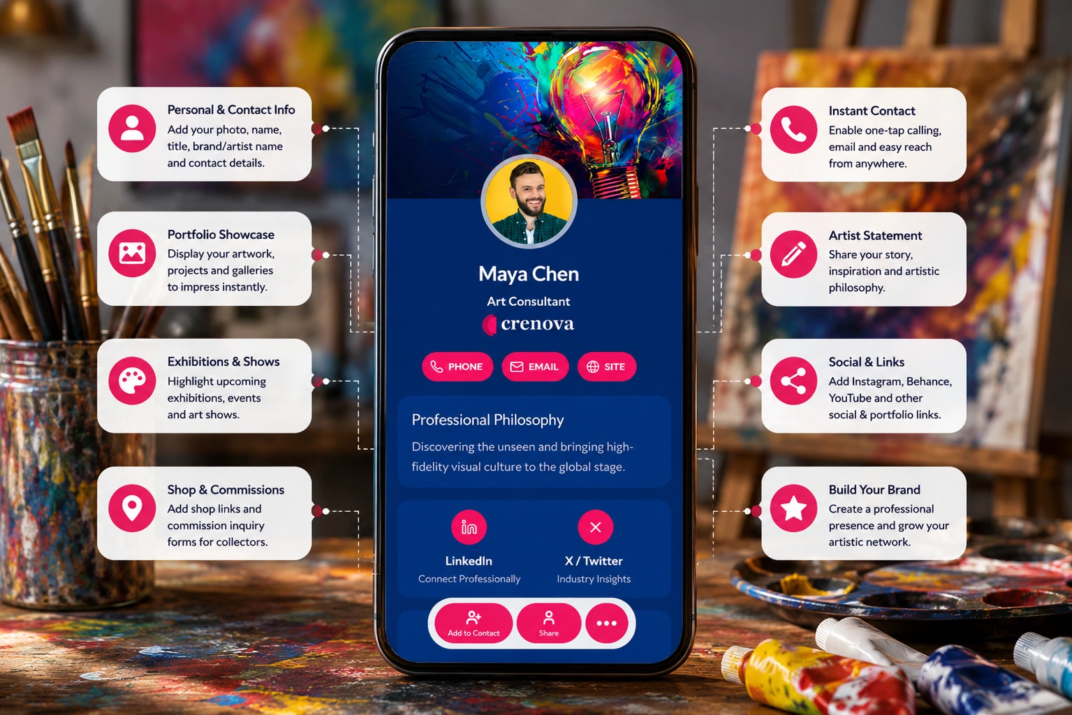 Artist digital profile on a smartphone with portfolio and contact details.