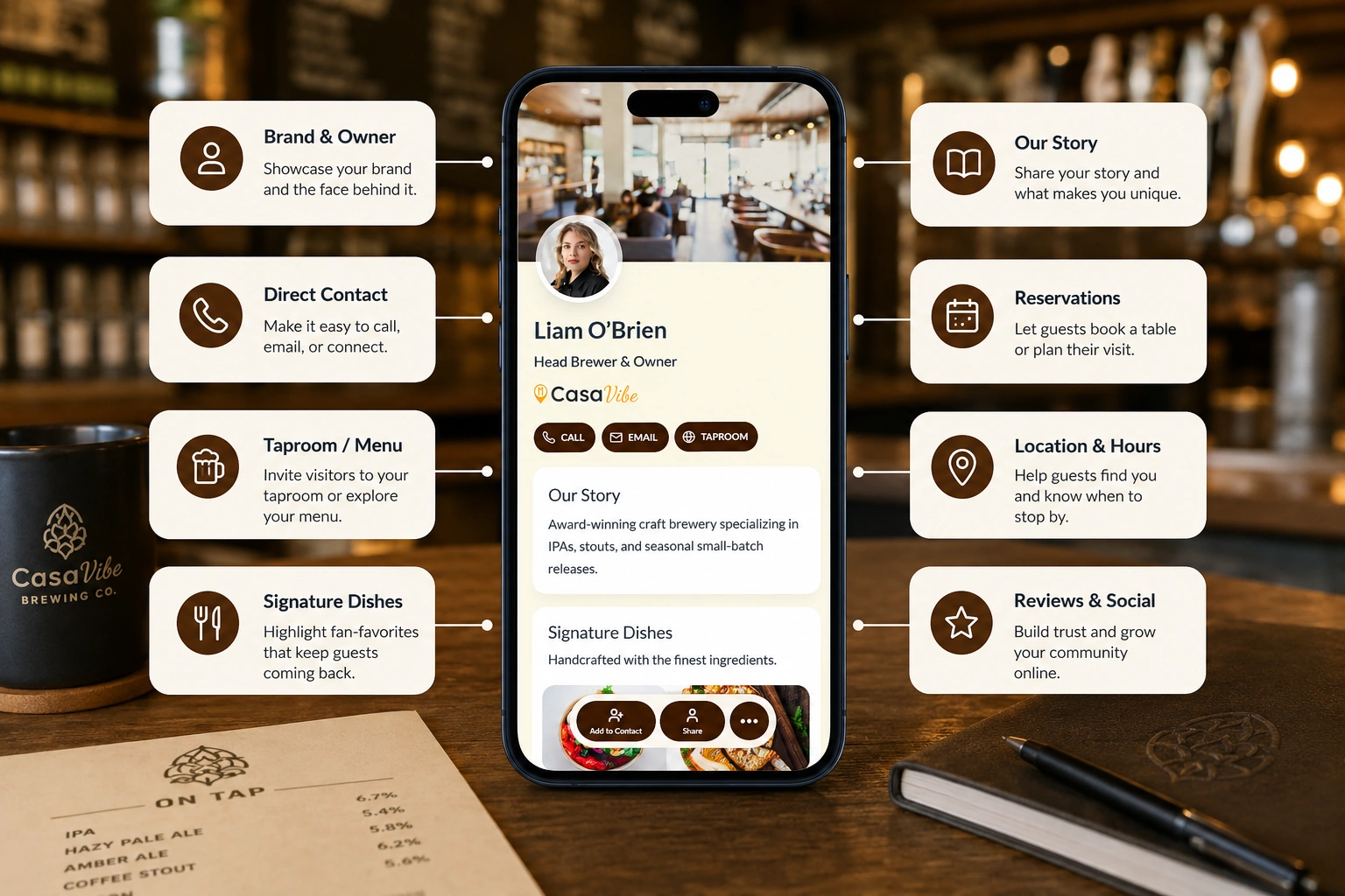 bakery digital profile on a smartphone with product and contact details.