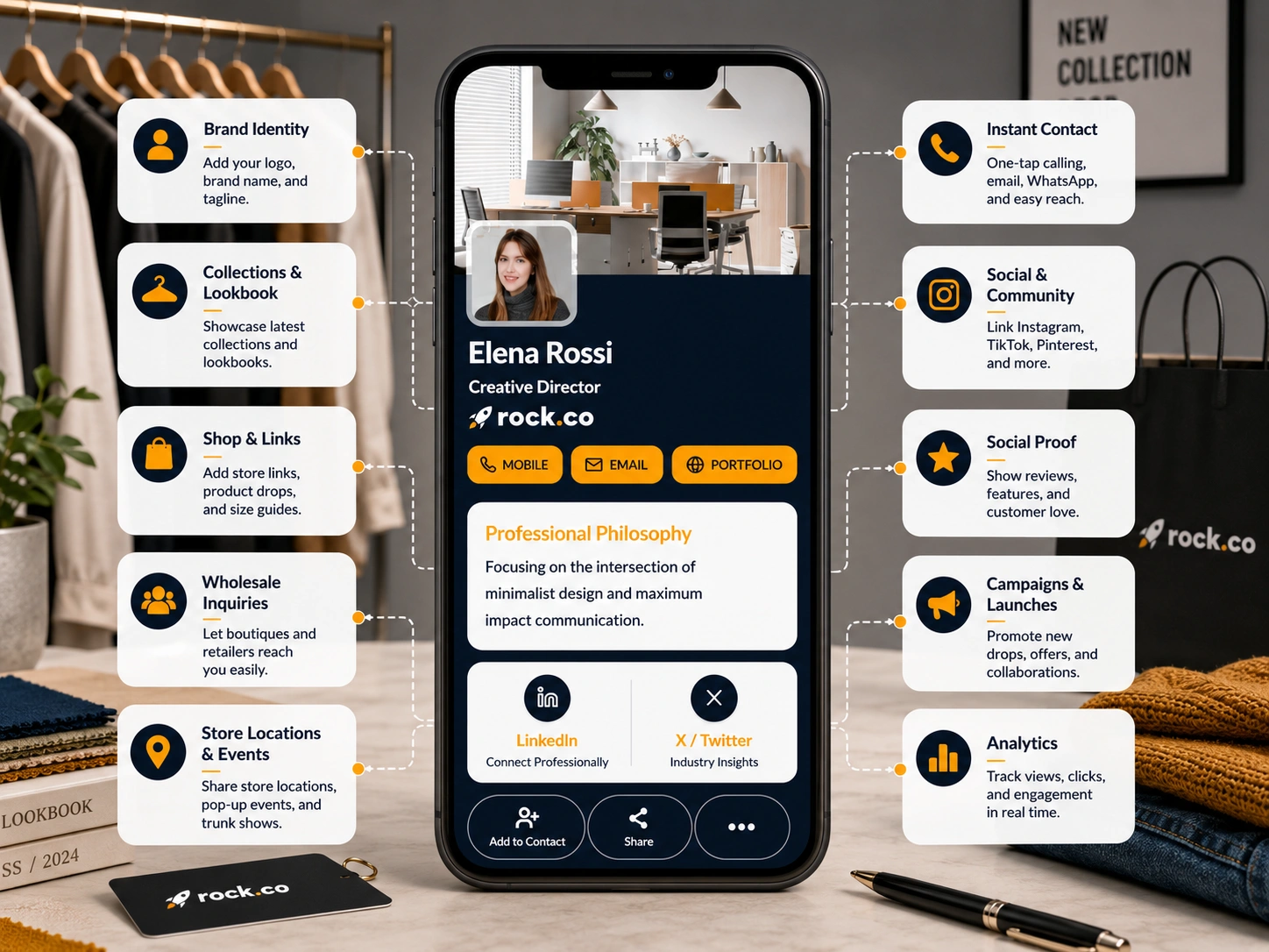 Clothing brand digital profile on a smartphone with product and contact details.