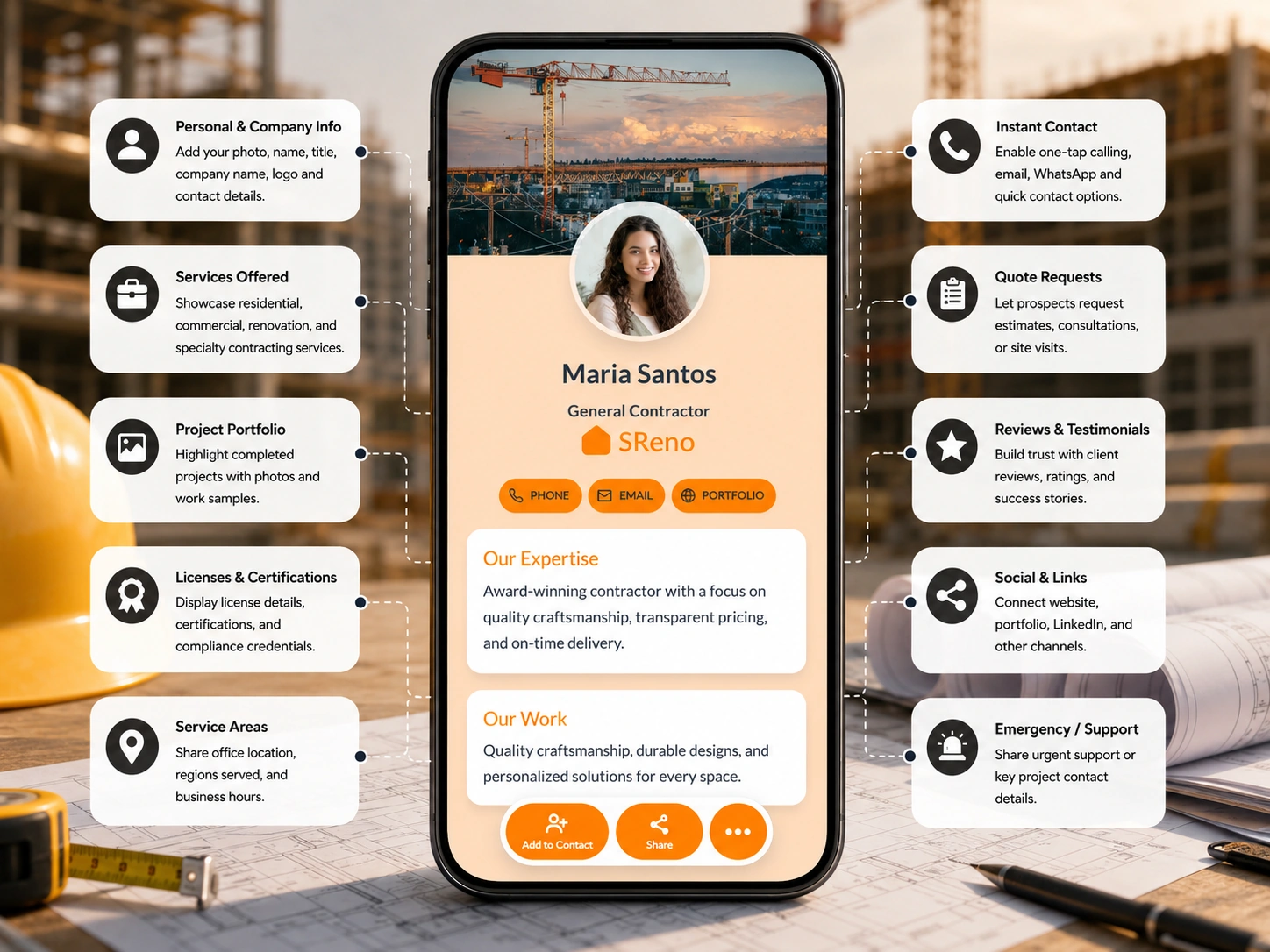 Construction company digital profile on a smartphone with project and contact details.
