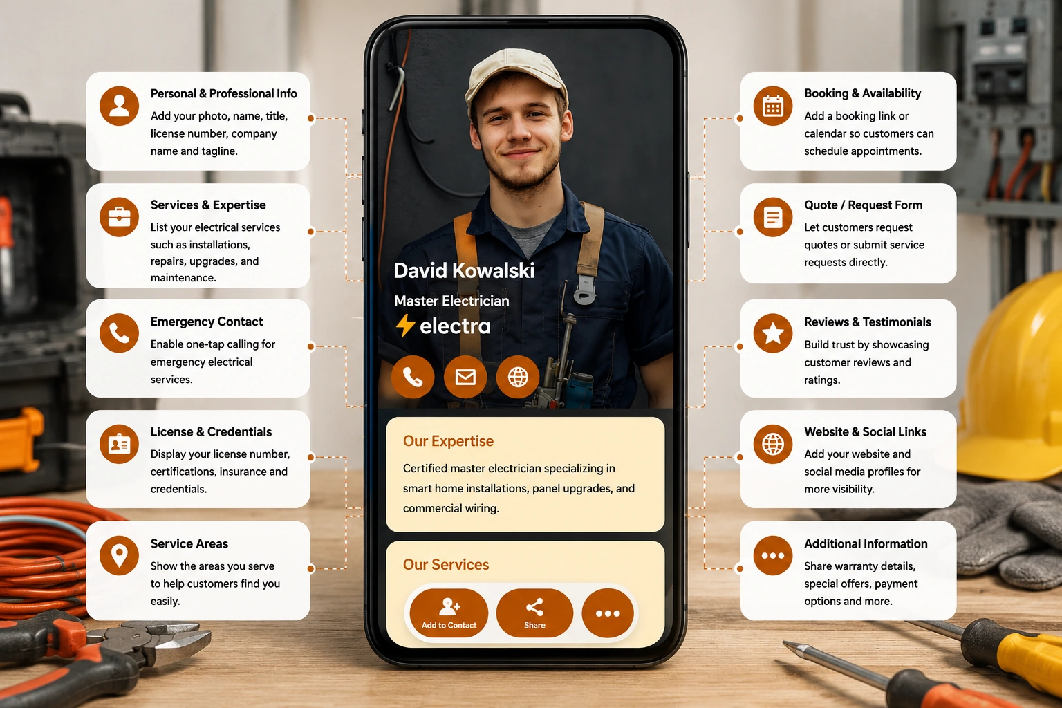 Electrician digital profile on a smartphone with service and contact details.