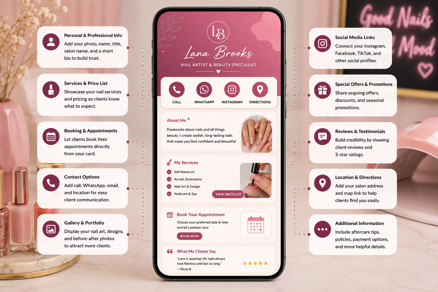 Nail salon digital profile on a smartphone with service and contact details.