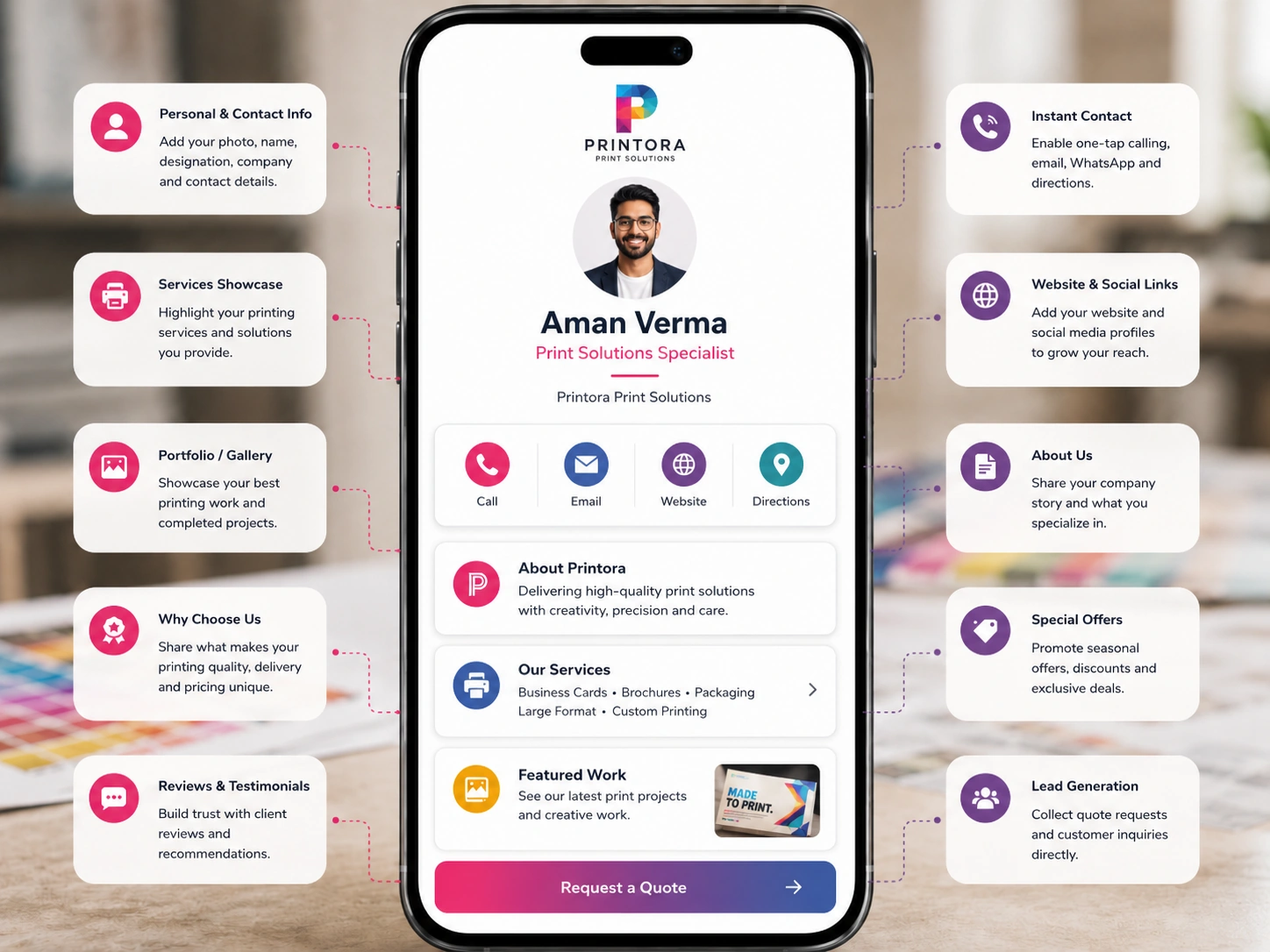 Printing company digital profile on a smartphone with service and contact features.