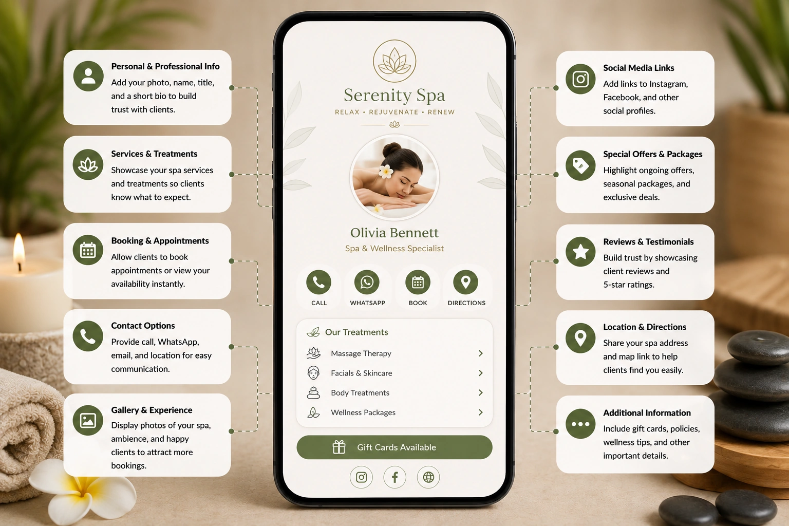 Spa digital profile on a smartphone with service and contact details.
