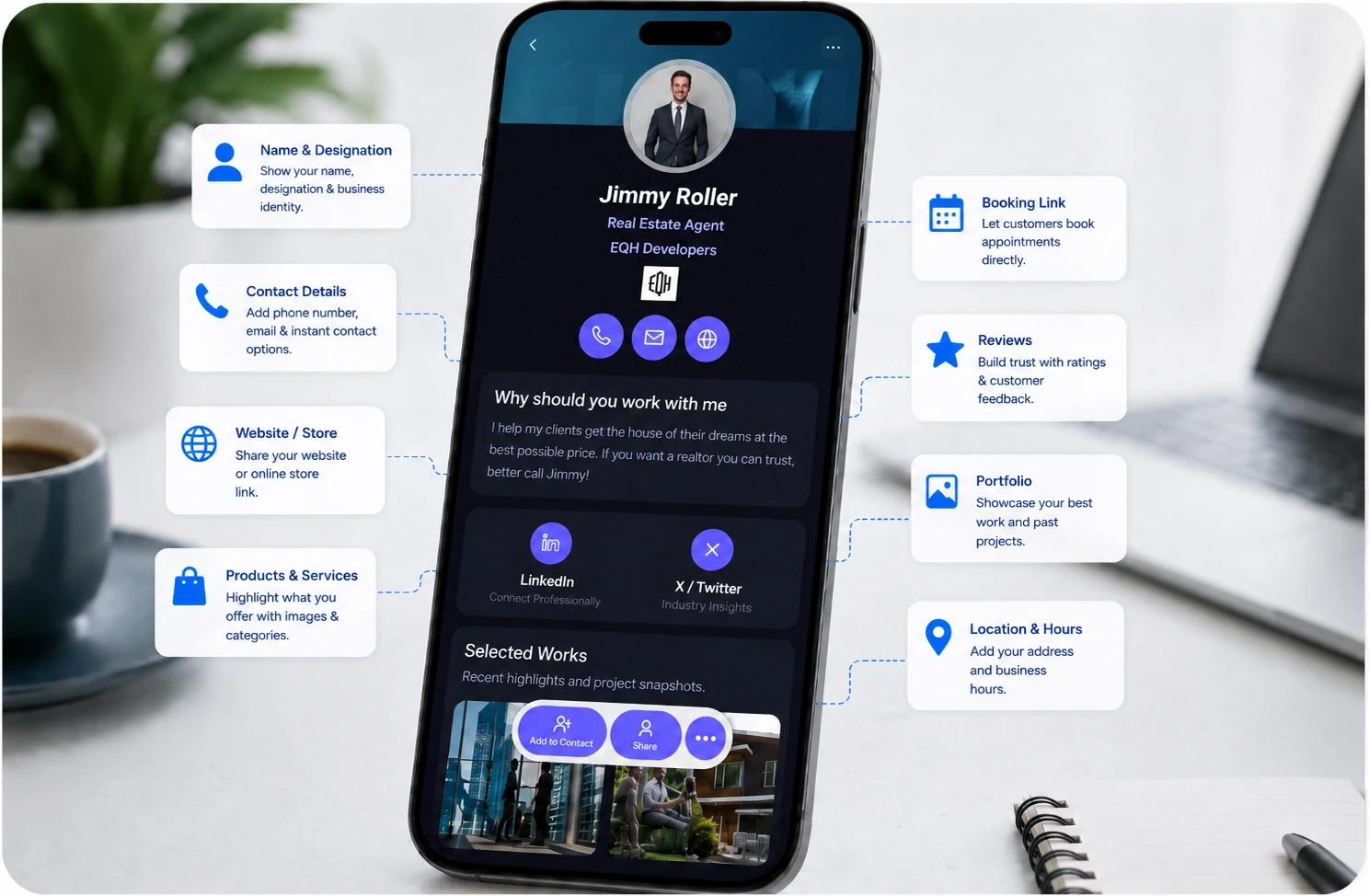 Realtor digital business card showing listings, reviews, lead forms, and booking links