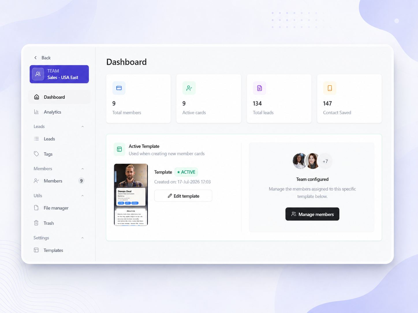 Team overview dashboard in digital business card pro teams