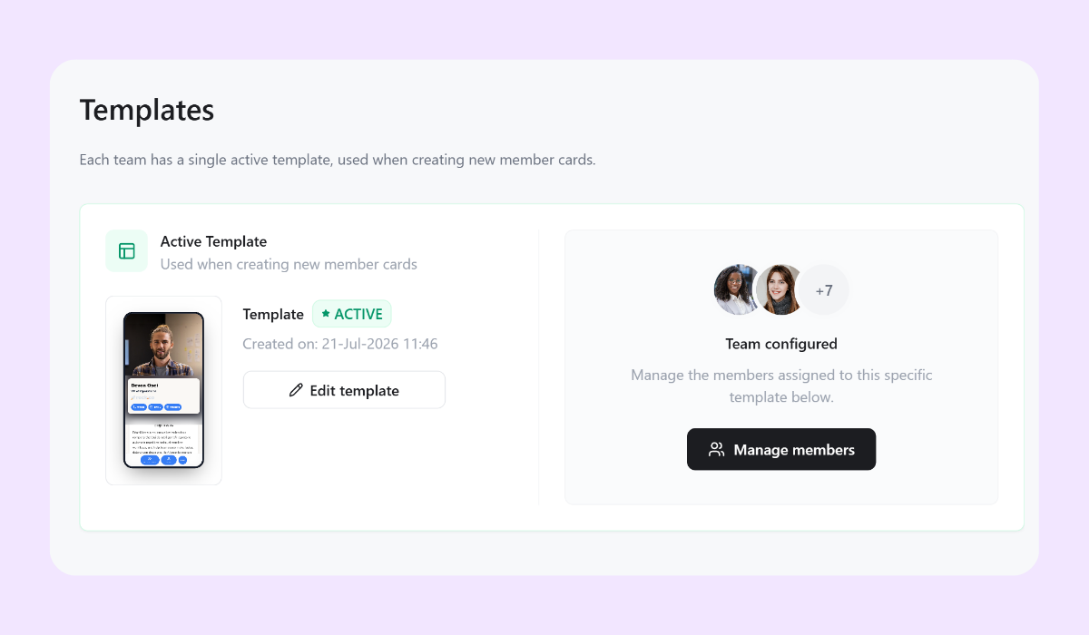 centralized templates on digital business card pro teams