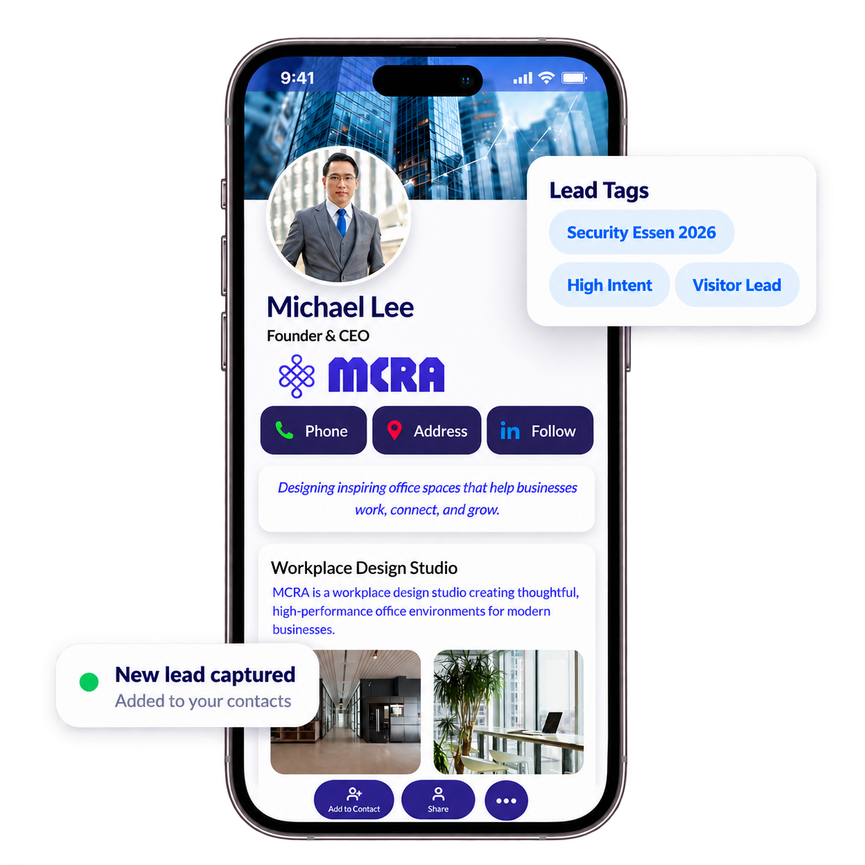 Digital business card profile with lead tags and captured lead